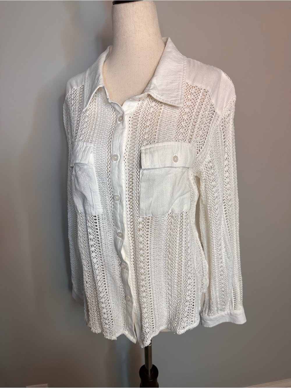 Sz L Jodifl knit crochet button down white beachy long sleeve lightweight